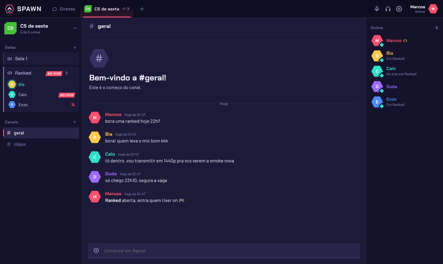 O Spawn aberto: squad CS de sexta com a sala Ranked ocupada e o chat do canal geral